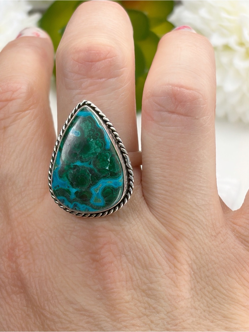 Malachite Chrysocolla Ring Size 9 1/2 9.5 Southwest Sterling Silver 925 Overlay - Picture 4 of 8